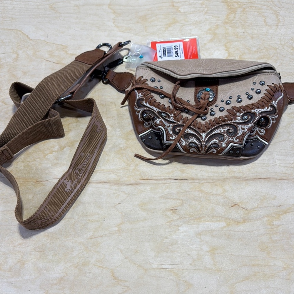 Brown and Tan Embroidered Crossbody Bag